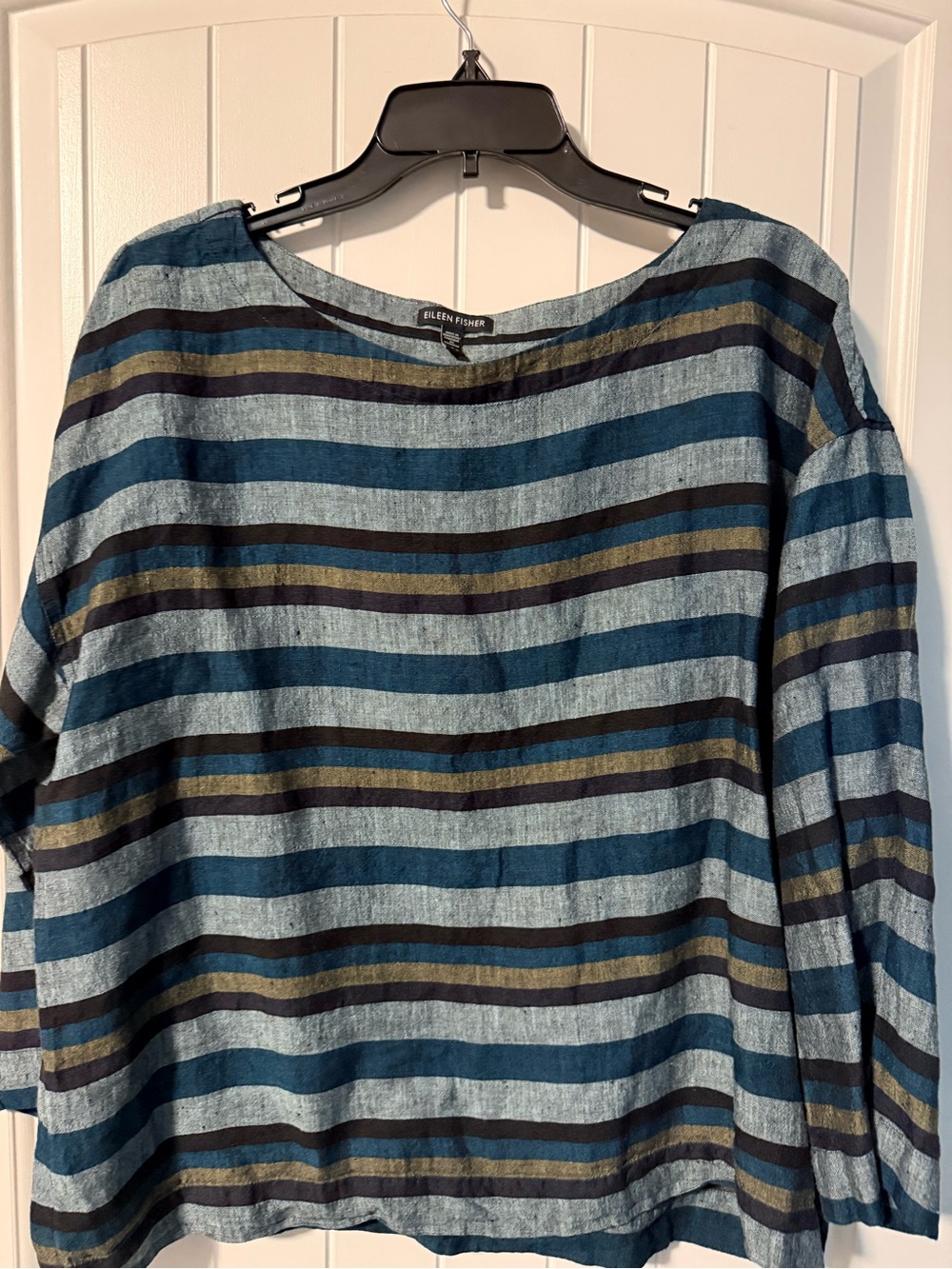 Women Eileen Fisher Linen Striped Blue and Navy 3/4 Sleeve Crewneck Blouse L - Picture 3 of 3